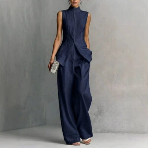 Fashionable Slim-fit Sleeveless Solid-color Top Wide-leg Pants Two-piece Set