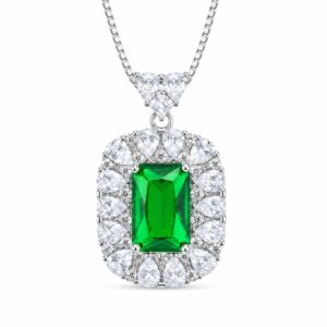 Emerald Cut Green CZ Halo Pendant Necklace For Women, Copper Plated Silver Pear Shape White Cubic Zirconia Vintage Royal Bridal Wedding Statement Jewelry Gift