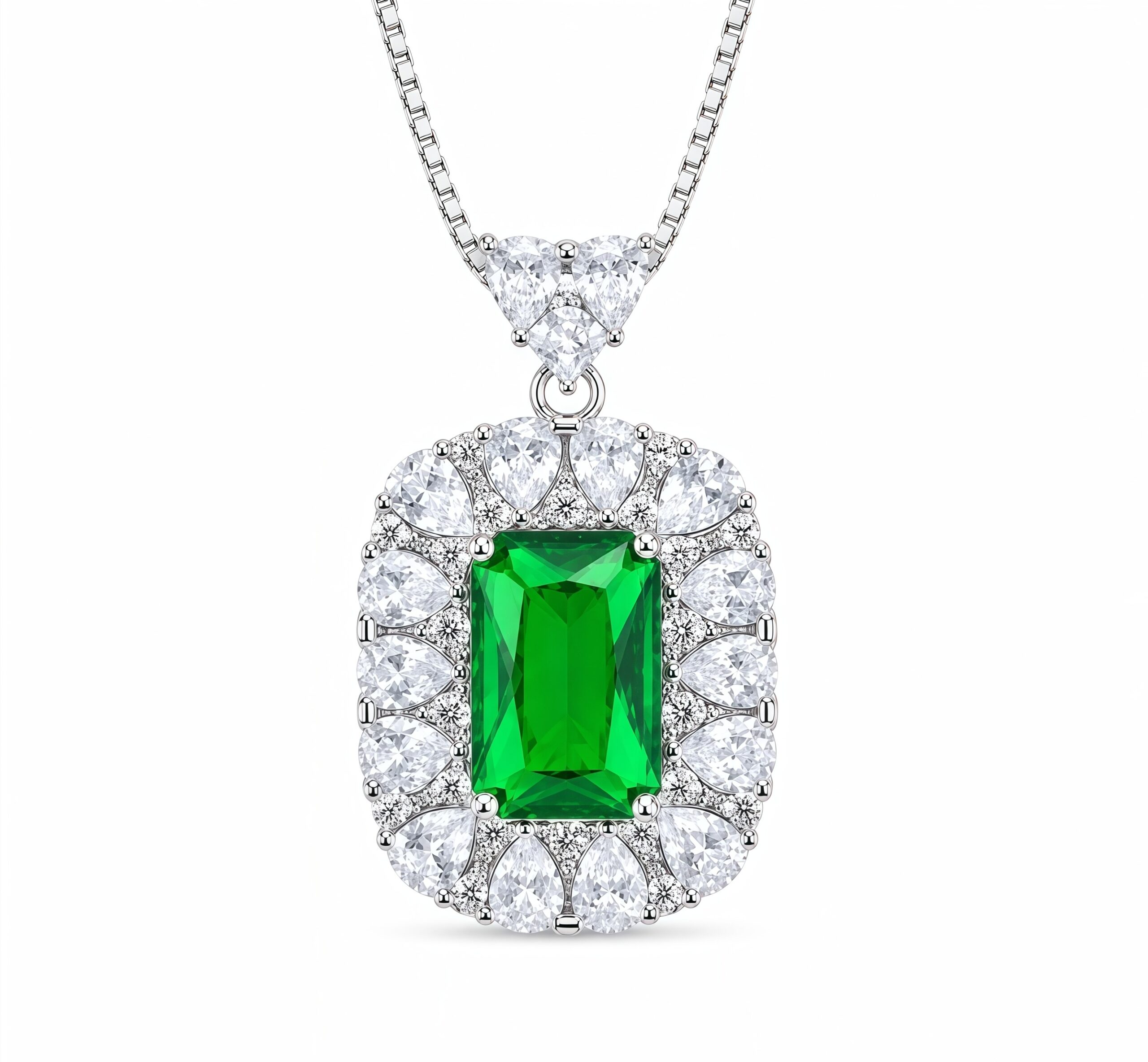 Emerald Cut Green CZ Halo Pendant Necklace For Women, Copper Plated Silver Pear Shape White Cubic Zirconia Vintage Royal Bridal Wedding Statement Jewelry Gift